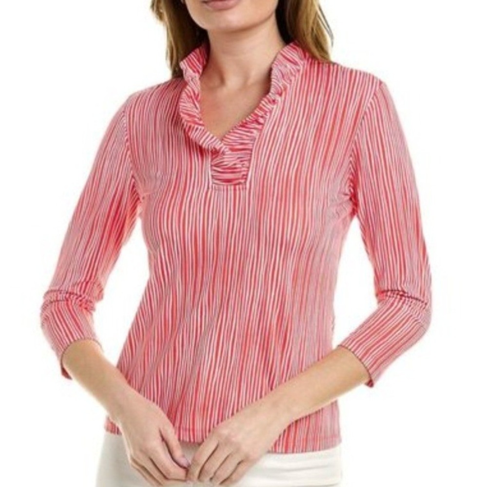 J.McLaughlin Durham Catalina Cloth Top Red‎ White Ruffle V-Neck Small